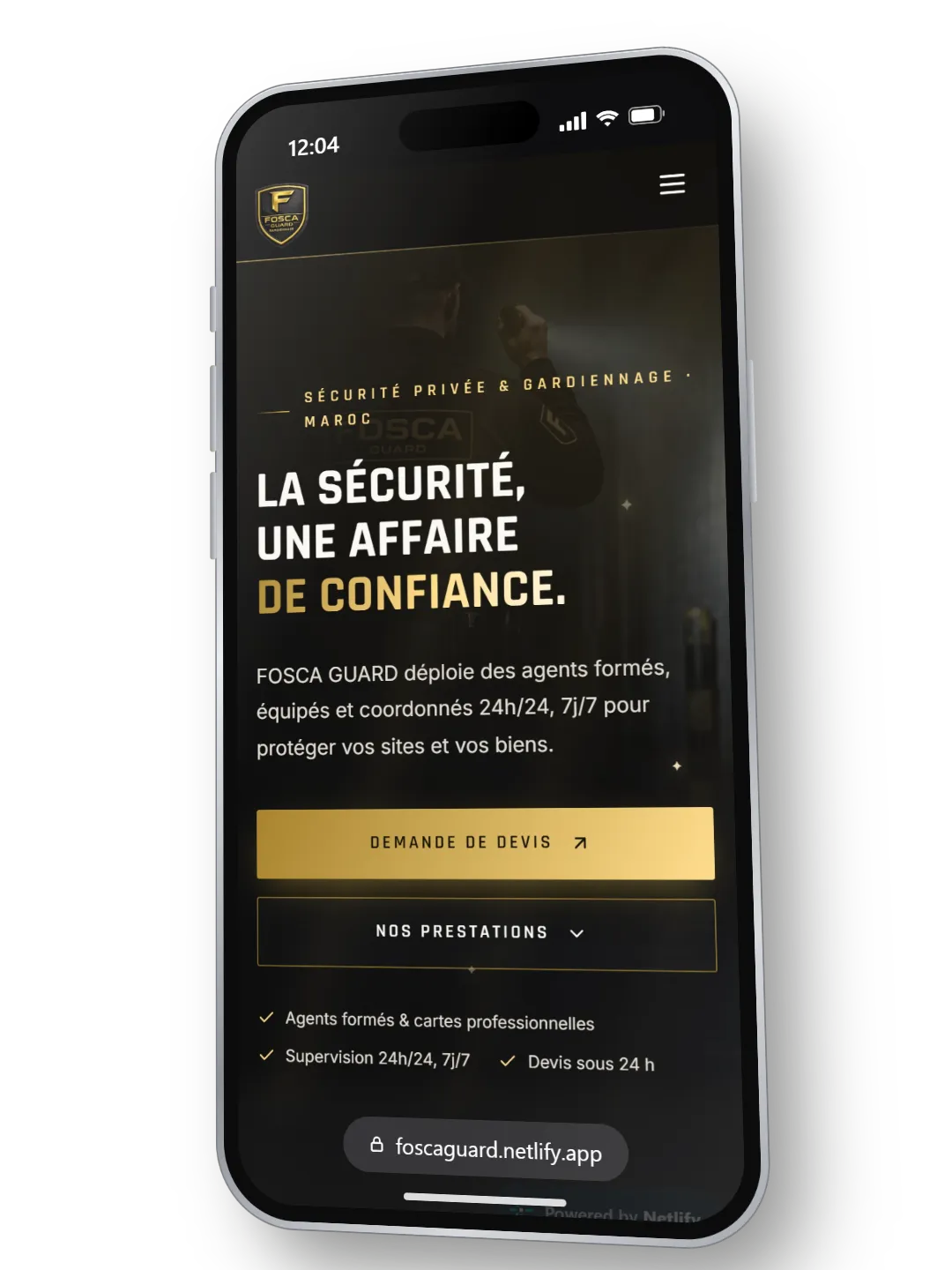 Site vitrine FOSCA Guard affiché sur un iPhone : « La sécurité, une affaire de confiance »