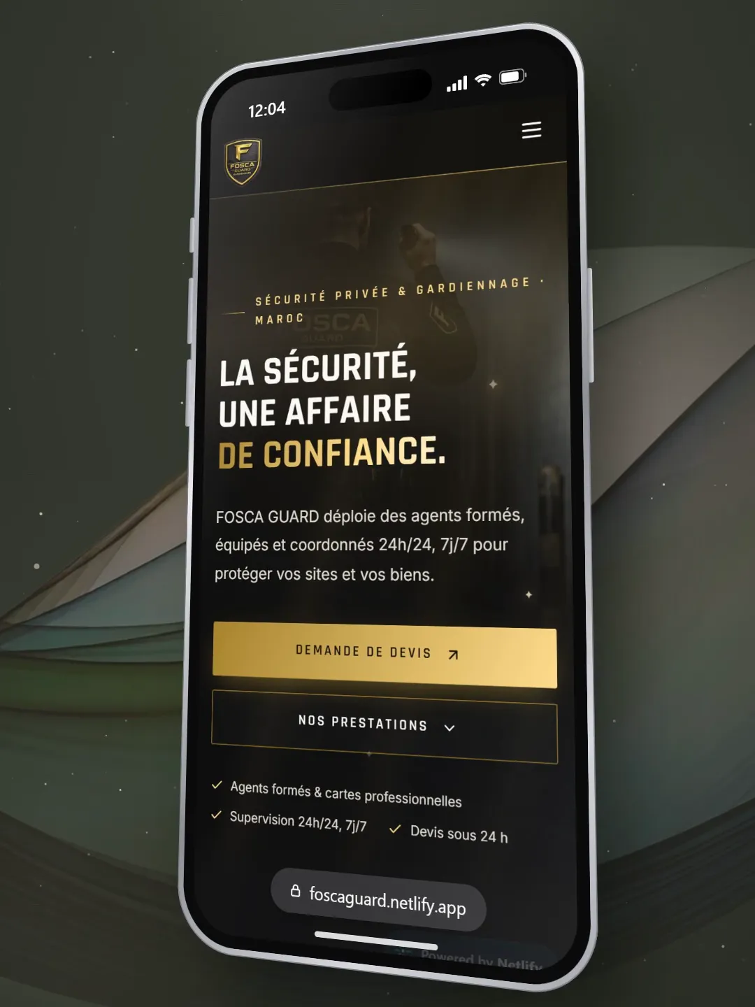 Site vitrine FOSCA Guard affiché sur un iPhone : « La sécurité, une affaire de confiance »