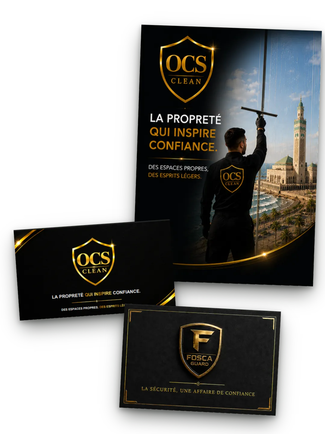 Couverture de la plaquette commerciale OCS Clean et cartes de visite OCS Clean et FOSCA Guard conçues par Boost Créa