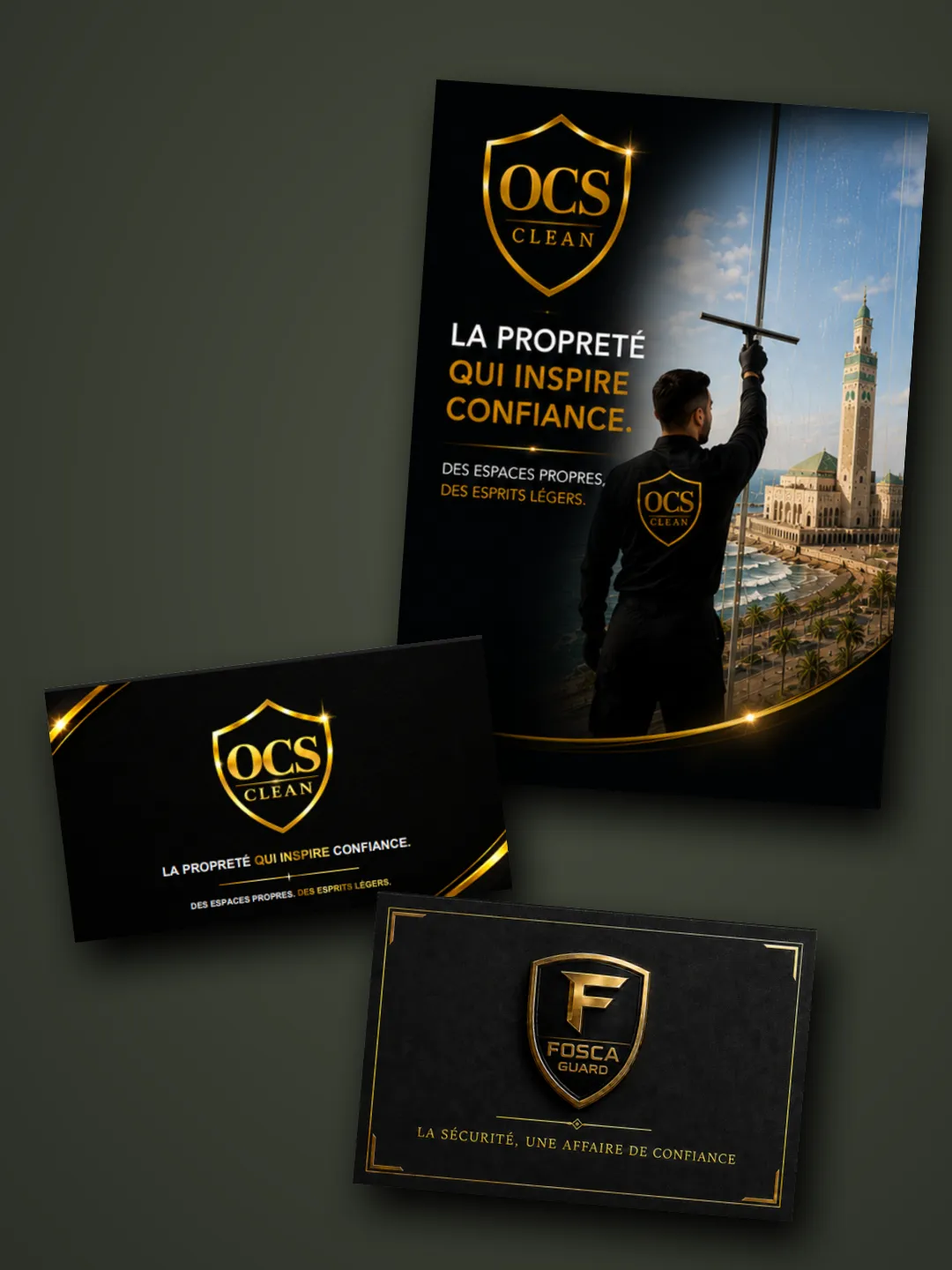 Couverture de la plaquette commerciale OCS Clean et cartes de visite OCS Clean et FOSCA Guard conçues par Boost Créa